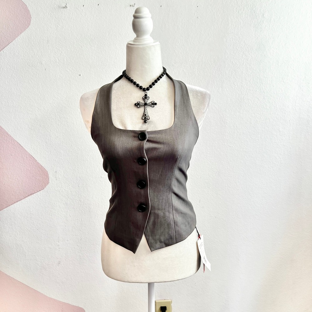 Gray Button Front Vest Sz XS Preppy Western Cowgirl Festival